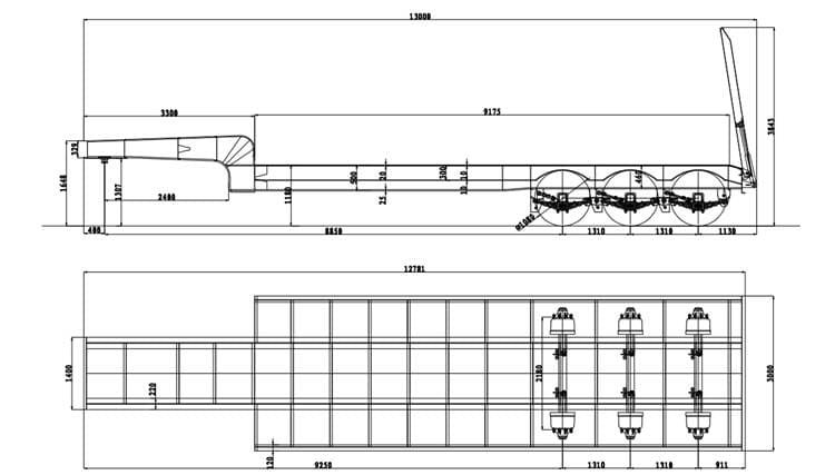 Drawing of CIMC New 3 Axle 40 Ton Lowbed Truck Trailer 